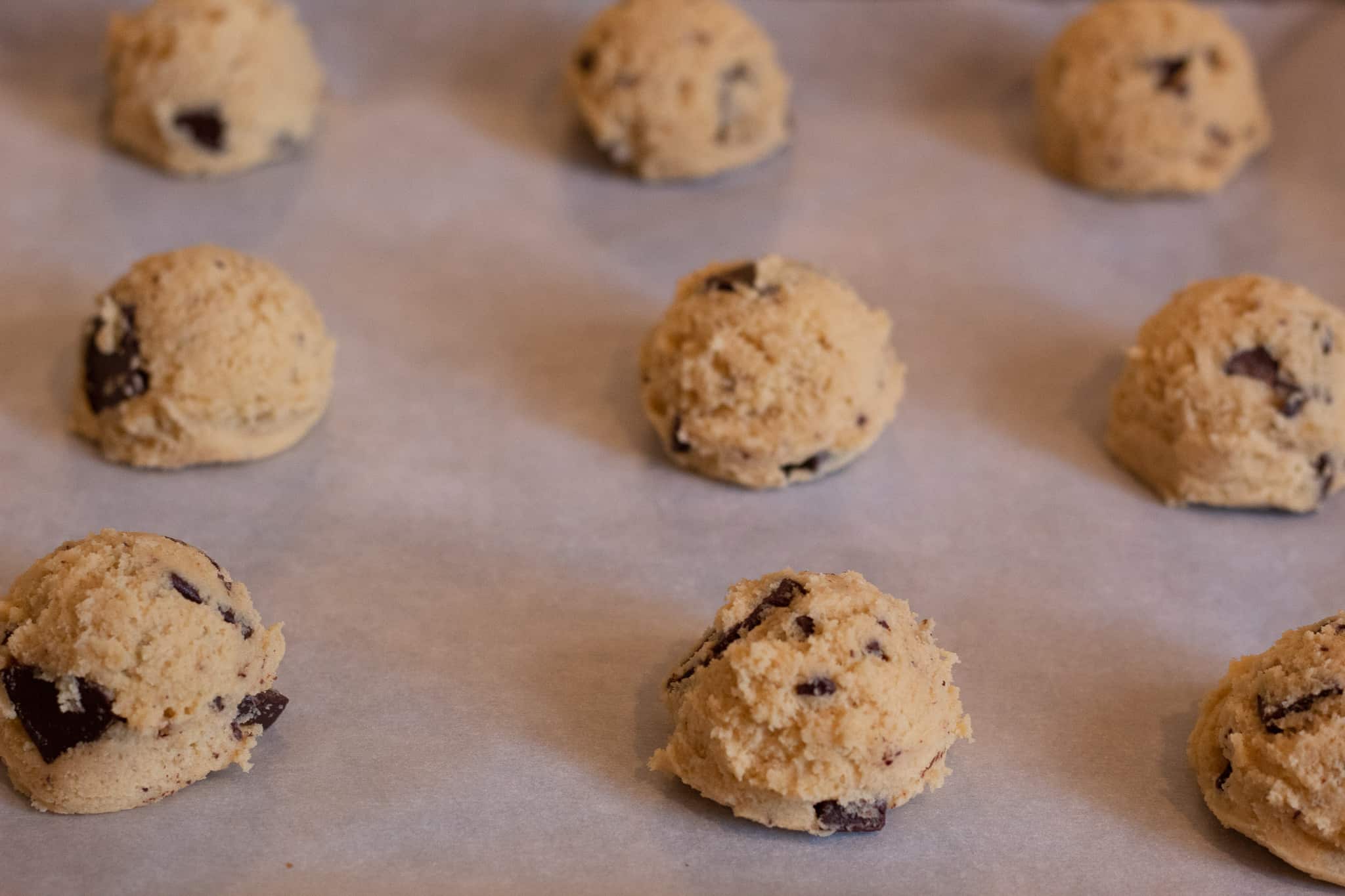 Chocolate chunk cookie dough balls on parchment paper