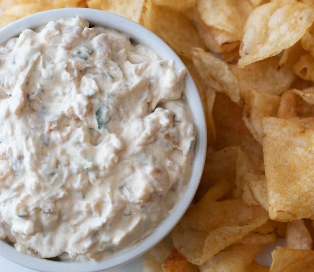 Bowl of French onion dip with chips