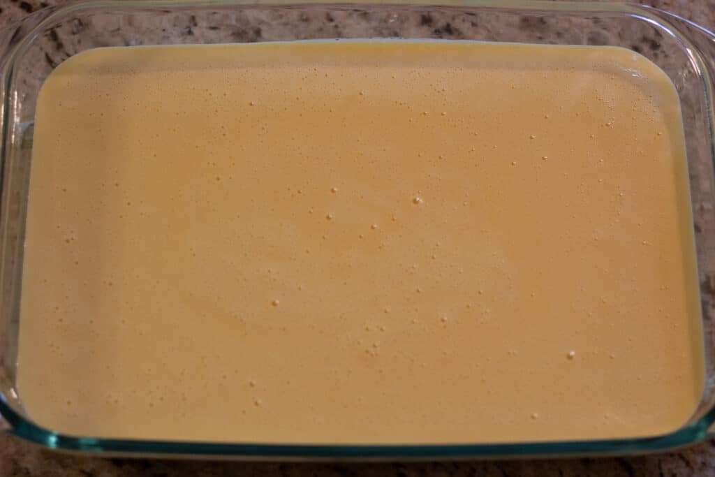 Raw custard in baking dish