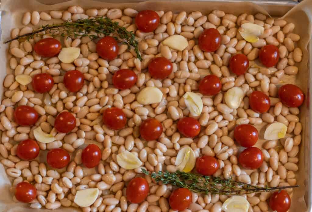 Ingredients for burst tomatoes and white beans on a baking sheet ready for the oven
