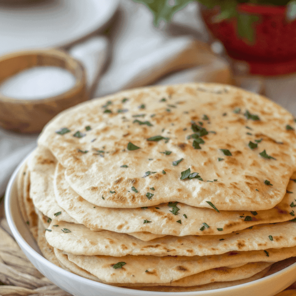Stack of flatbreads topped with chopped parsley
