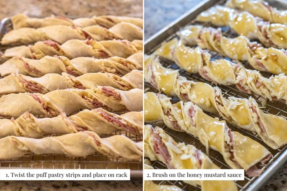 Two part image showing the puff pastry twists and then them brushed with honey mustard.