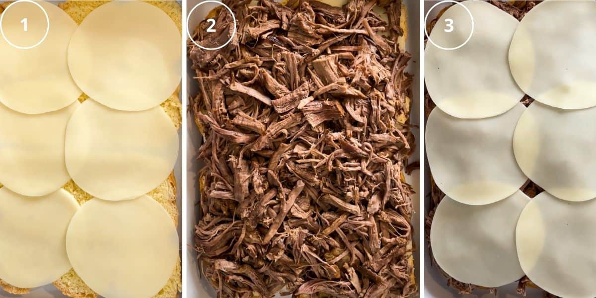 Gallery showing the three steps of assembling the French dip sliders. First, add the bottom layer of cheese, then the shredded beef, and finally the top layer of cheese. 