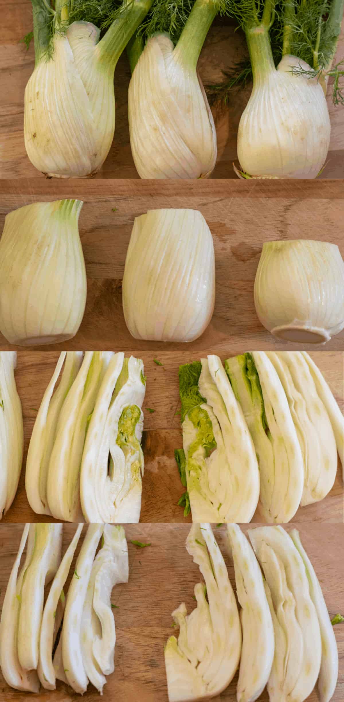 Process shots of how to cut a fennel bulb.