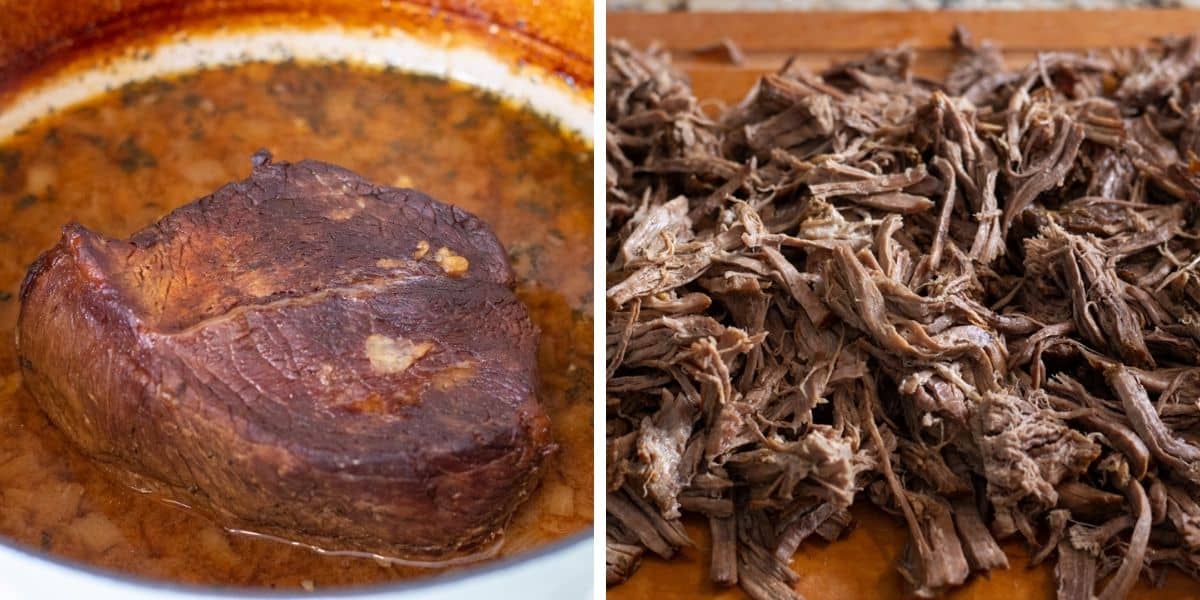Gallery of slow cooked chuck roast in the Dutch oven with liquid and shredded beef.