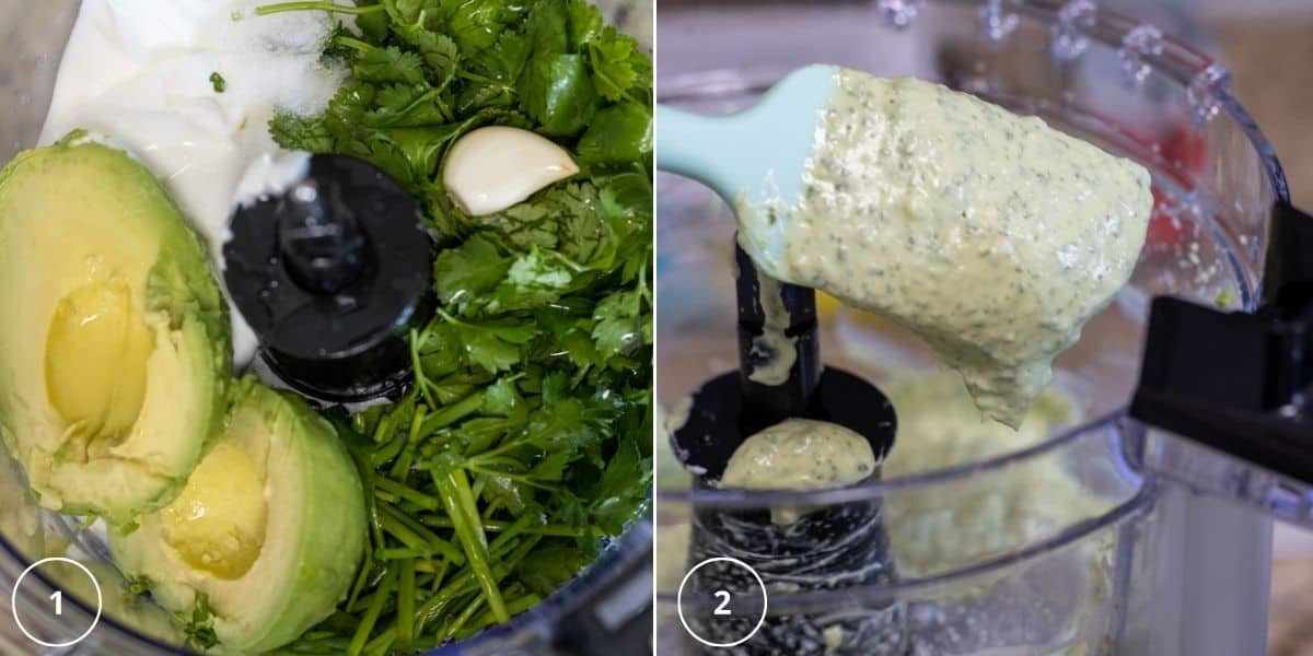 On the left, greek yogurt, avocado, cilantro, parsley, chives, and a garlic clove in a food processor and on the right the creamy dressing after puréeing.