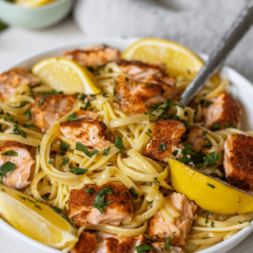 Creamy Lemon White Wine Pasta with Blackened Salmon - This Home Kitchen