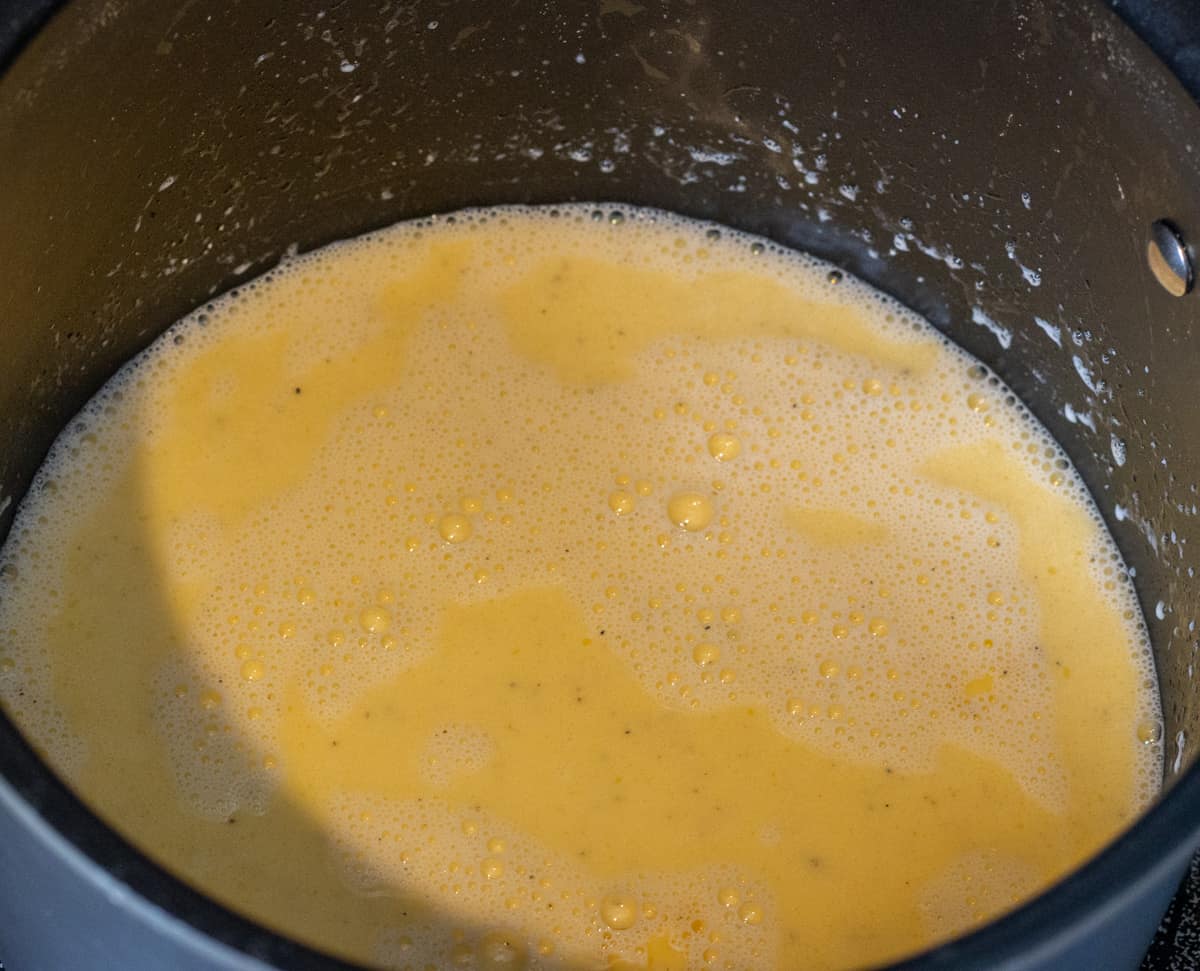Melted butter, milk, and sour cream in a stock pot.