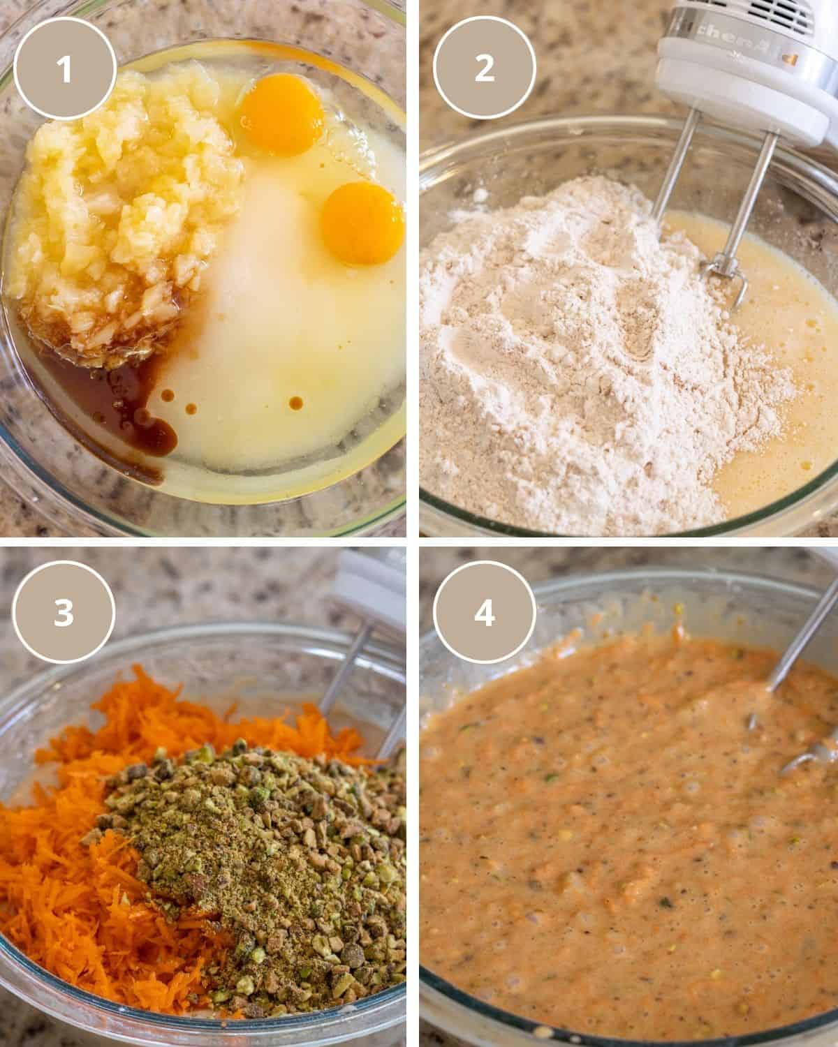 Four part grid showing the wet ingredients, adding the dry ingredients, adding the carrots and pistachios, and mixing it all together.