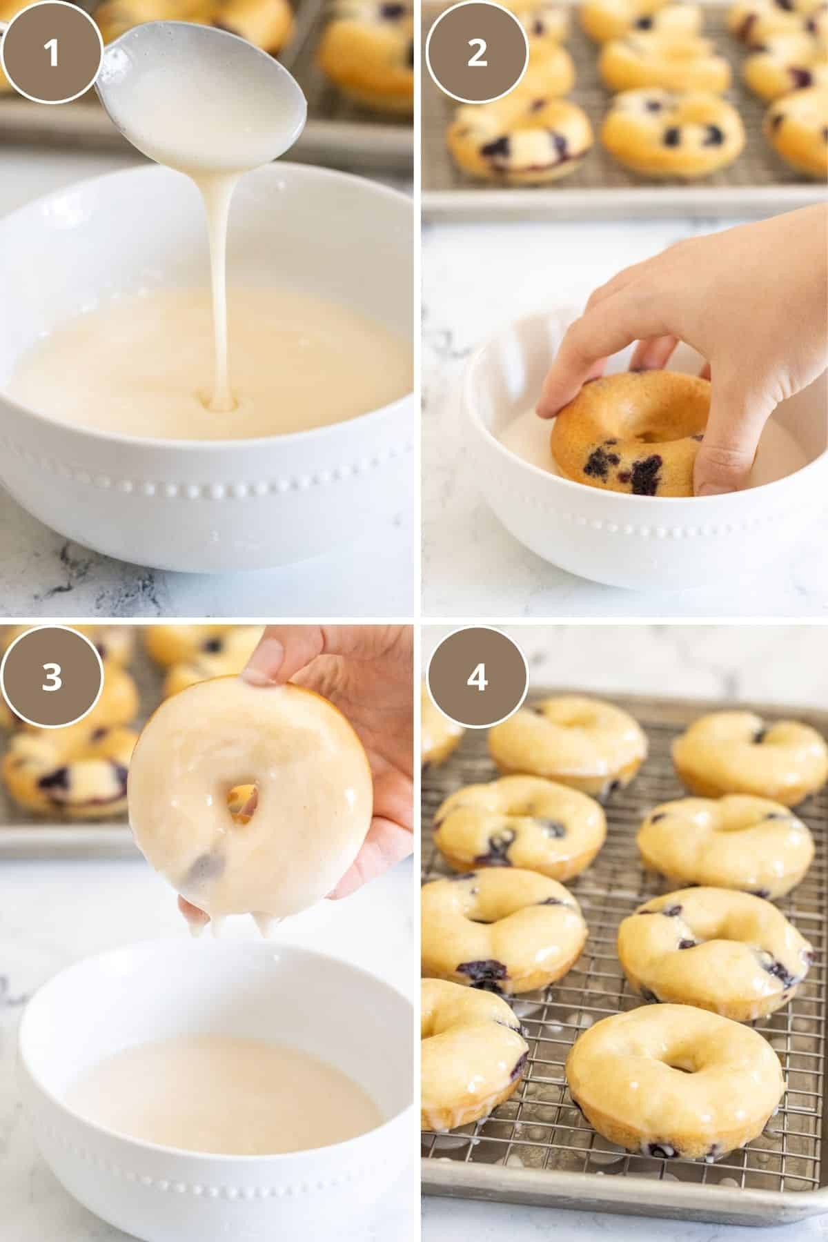 A four part grid showing the consistency of the glaze pouring off a spoon, then a blueberry donut being dunked in the glaze, then the donut over the bowl with glaze dripping off, and finally the glazed donuts on a cooling rack.