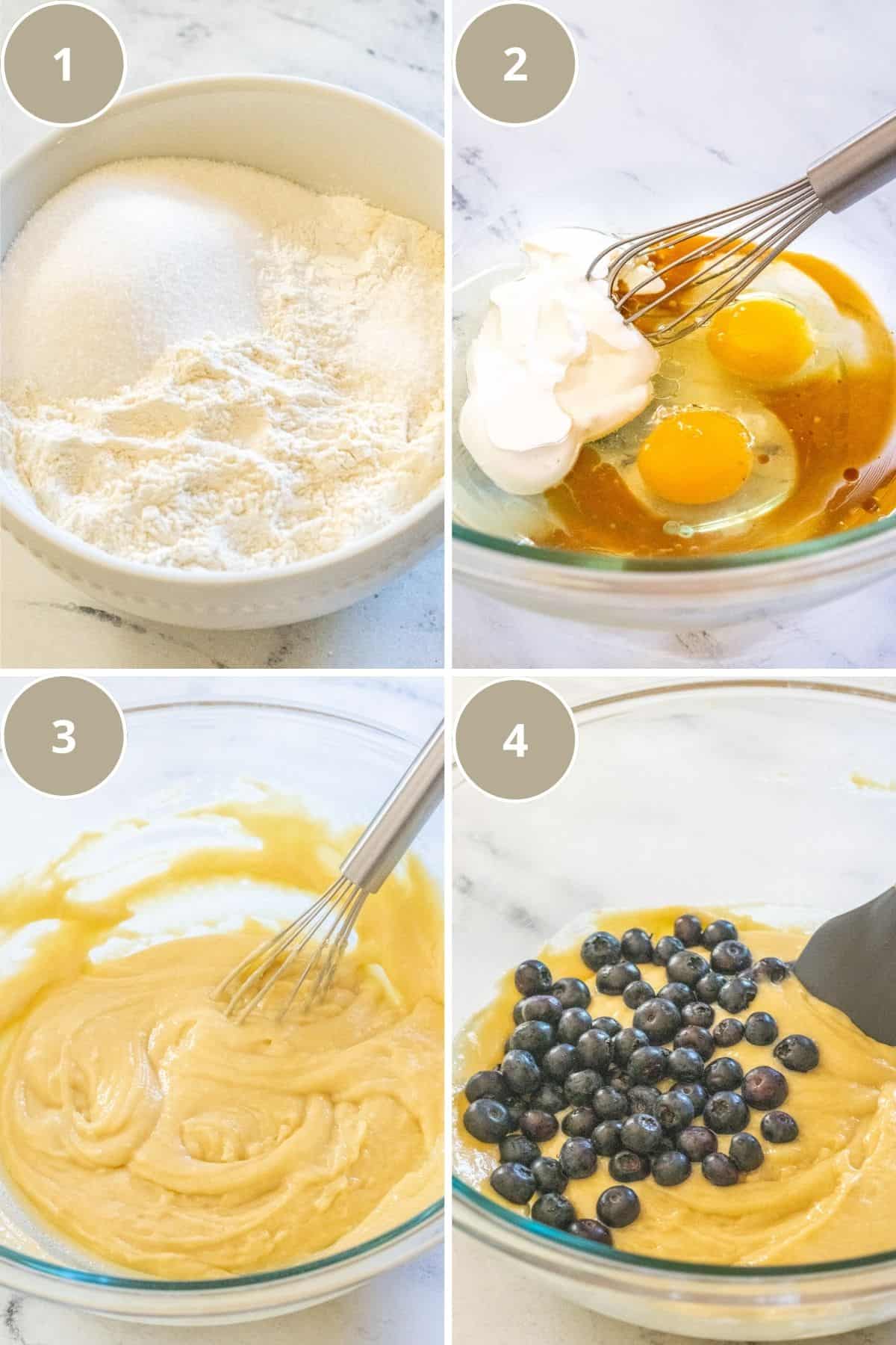 A four part grid showing the dry ingredients, then wet ingredients, then both mixed together, and finally the blueberries added to the batter.