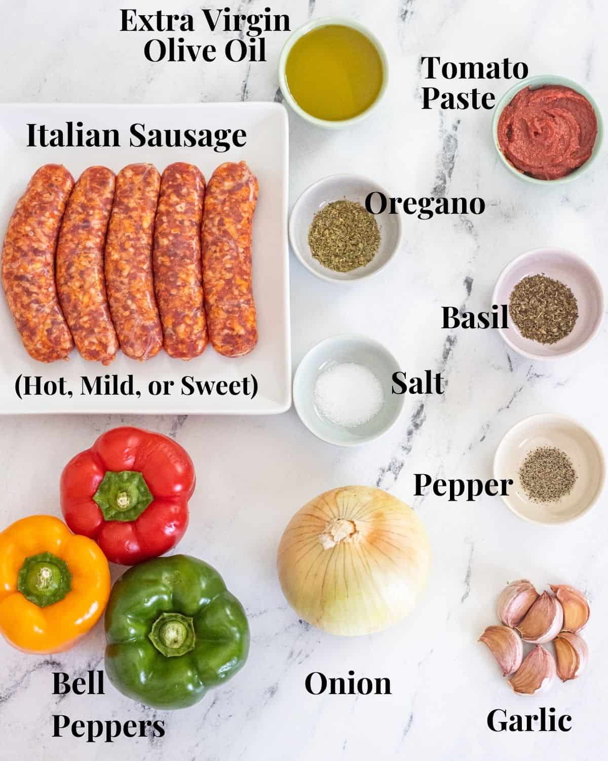 Baked Italian sausage ingredients with labels.
