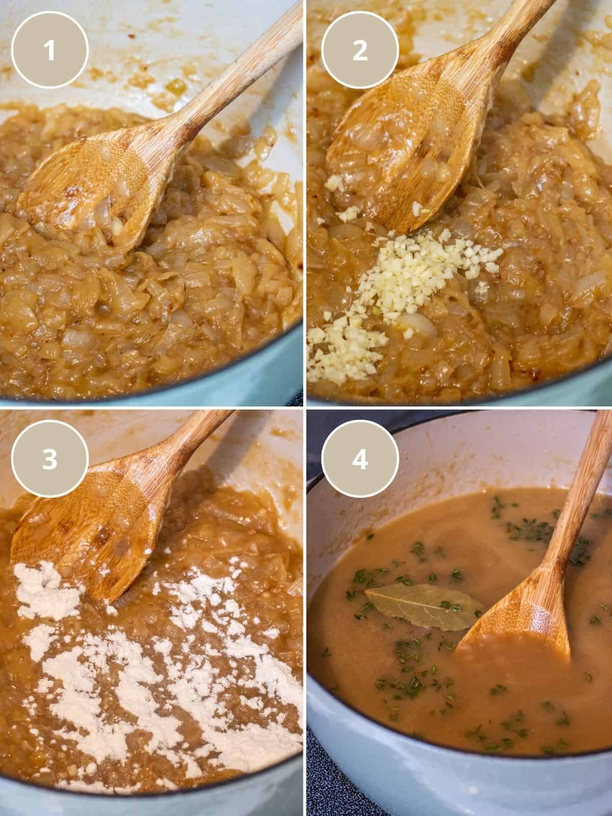 Four part grid showing the steps of caramelizing the onions, adding the garlic, adding the flour, and then adding the broth and seasonings.