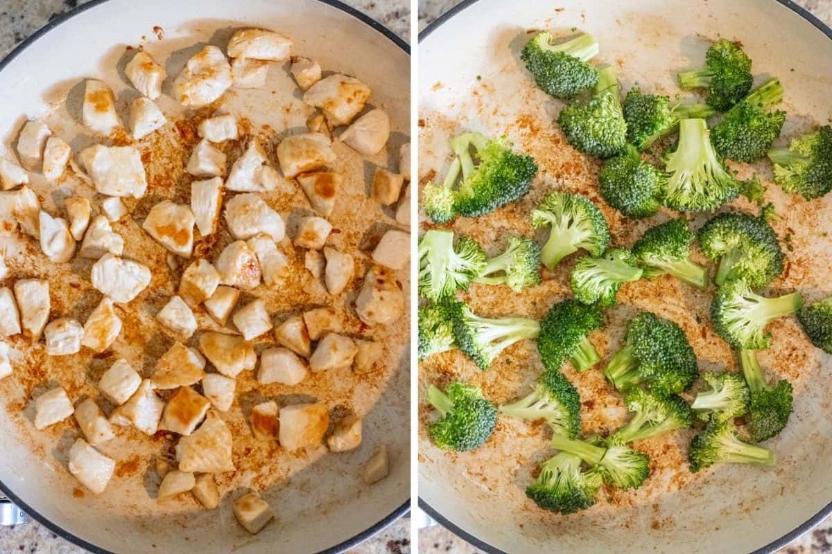 Two part grid showing the sautéd chicken and the sautéd broccoli.