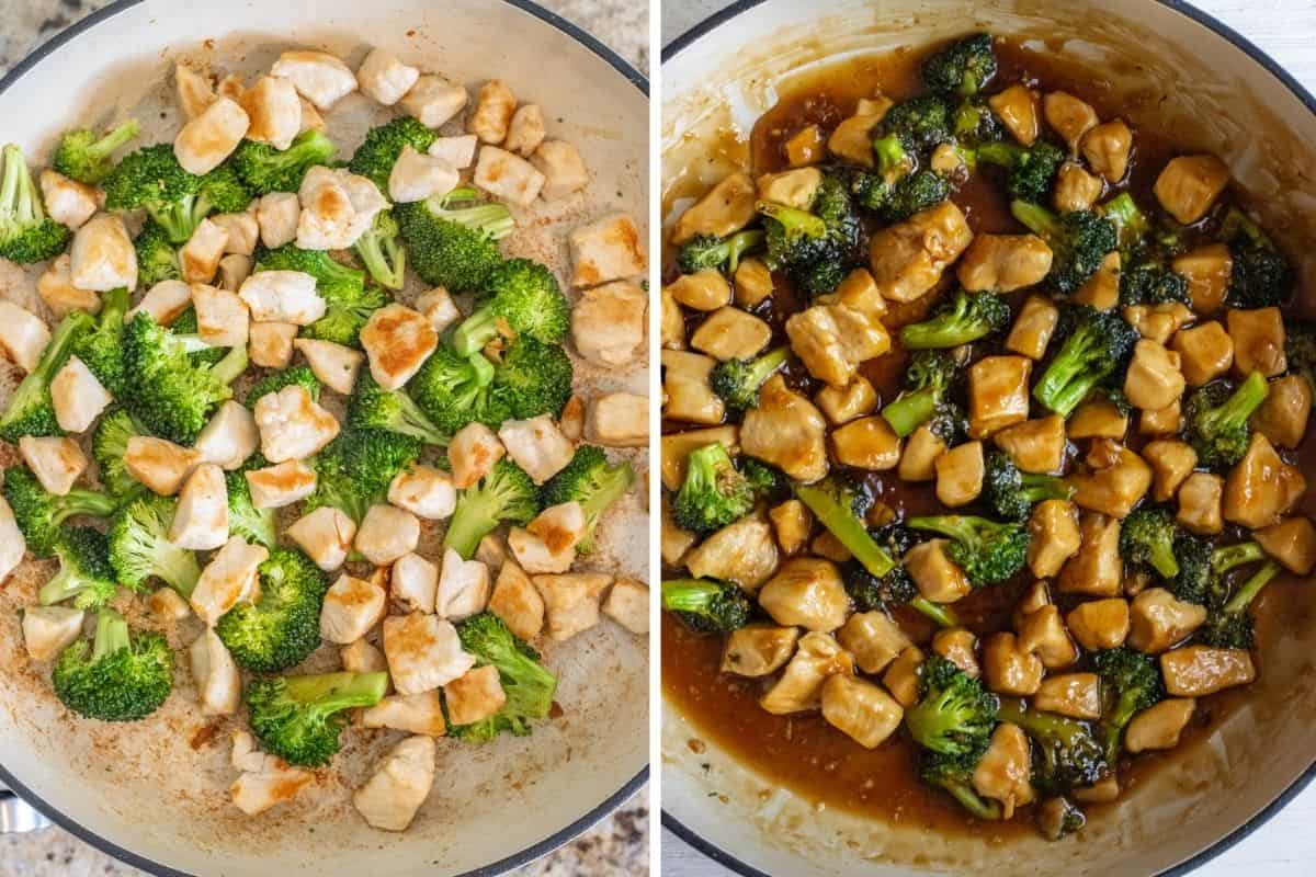 Two part grid showing the chicken and broccoli together in the pan and the chicken and broccoli in the honey garlic sauce.