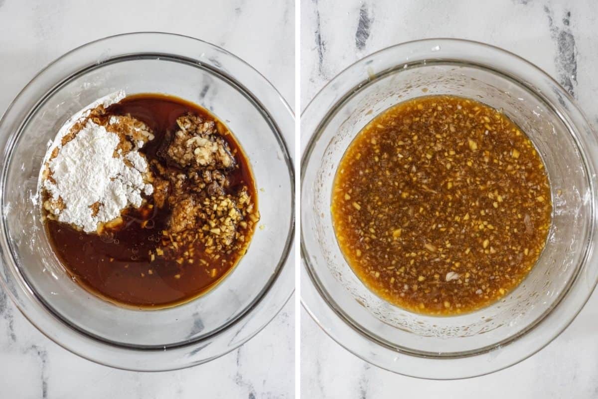 Two part grid showing the ingredients for the honey garlic sauce in a bowl and then the ingredients mixed together.