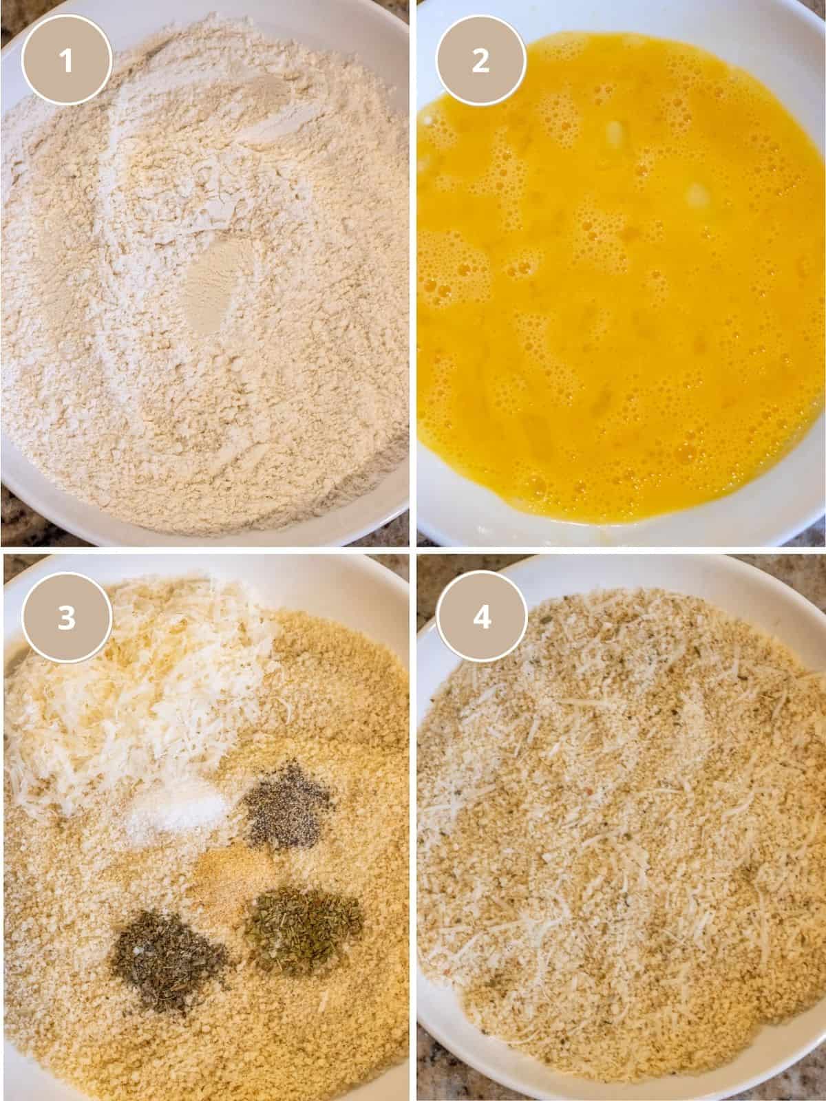 Four part grid showing the flour, egg wash, and seasoned panko bread crumbs for breading zucchini chips.