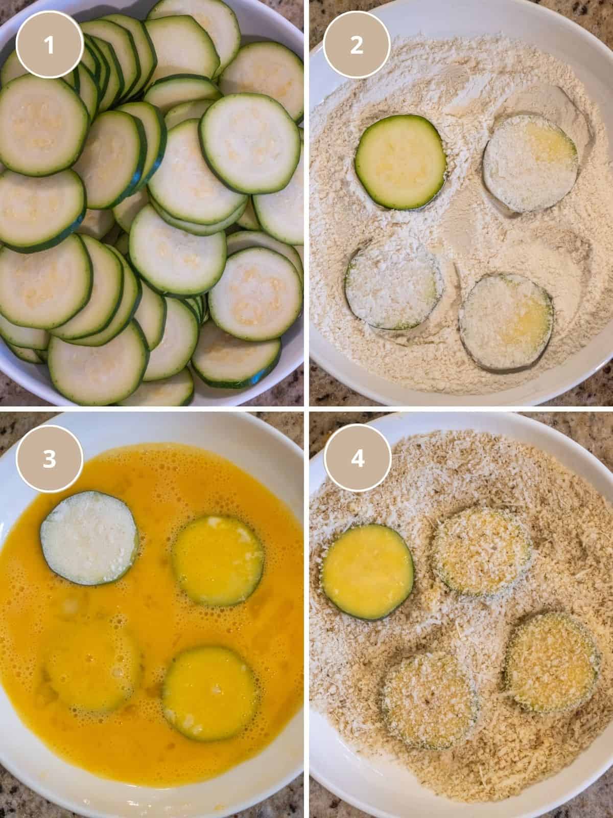 Four part grid showing zucchini chips being coated in flour, then egg, then seasoned panko breading.