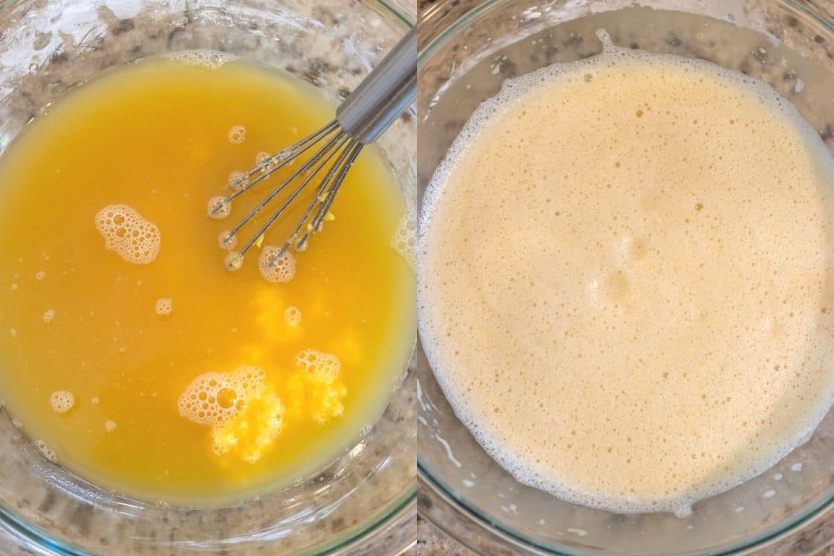 Two part grid showing the mixing of the pineapple juice with the other custard ingredients.