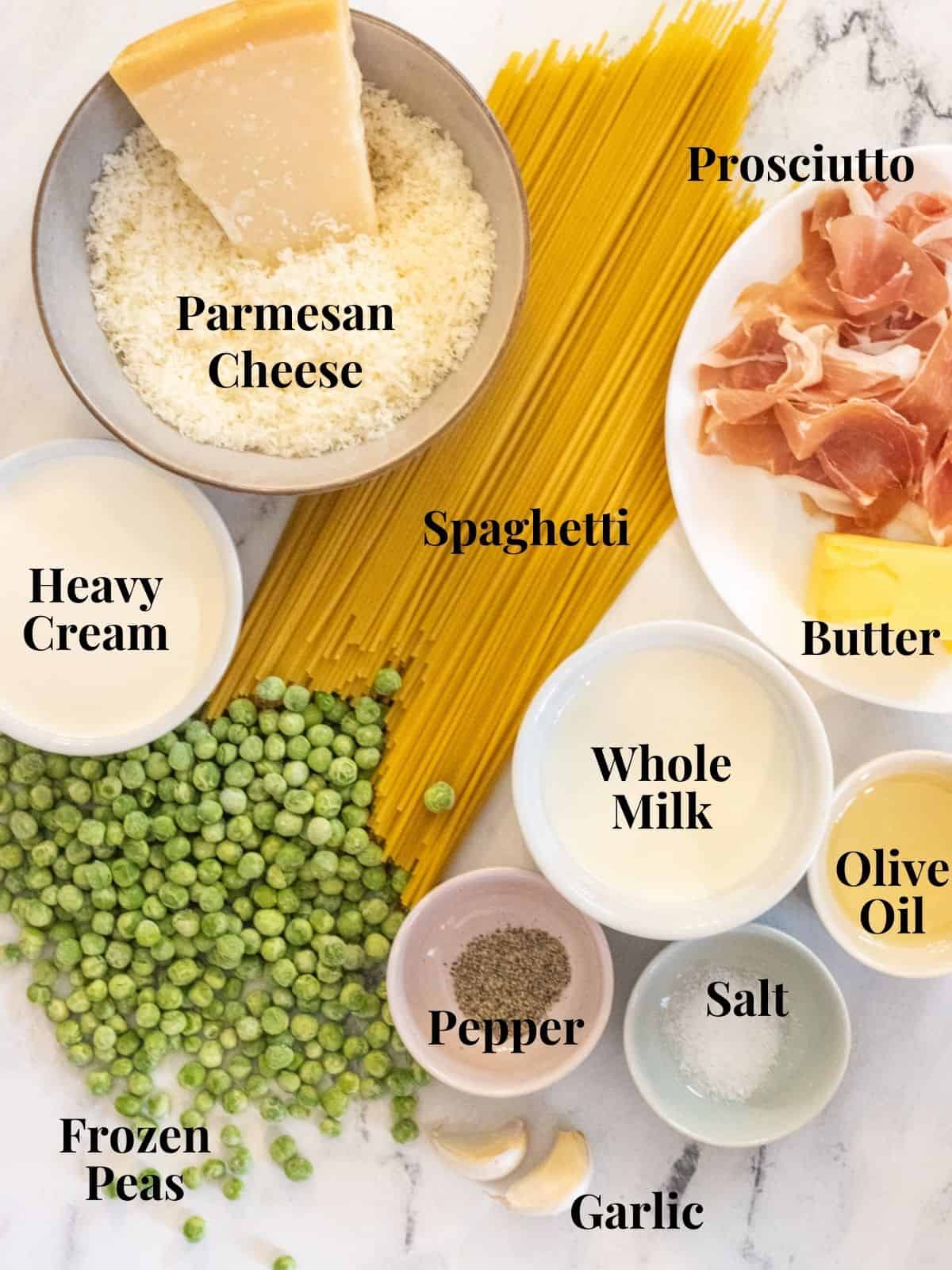 Ingredients for spaghetti Alfredo with crispy prosciutto and peas laid out and labeled.