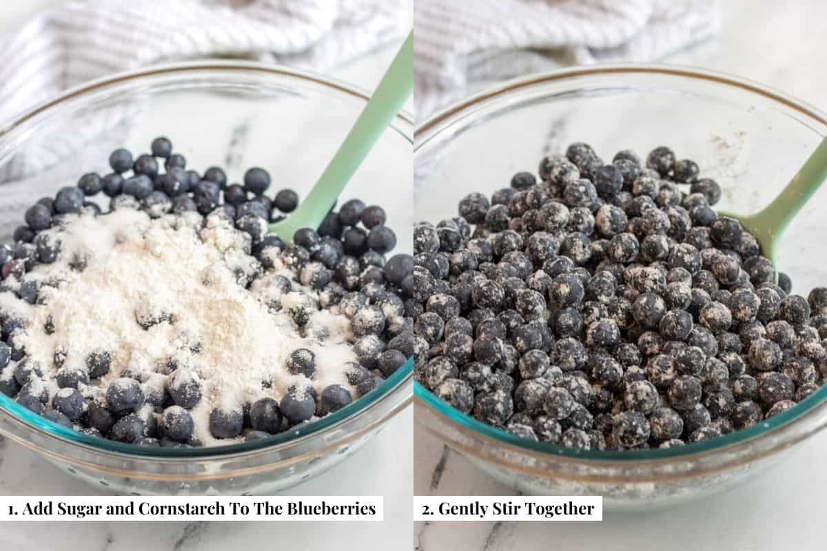 Two part grid showing adding sugar and cornstarch to blueberries then it all tossed together.