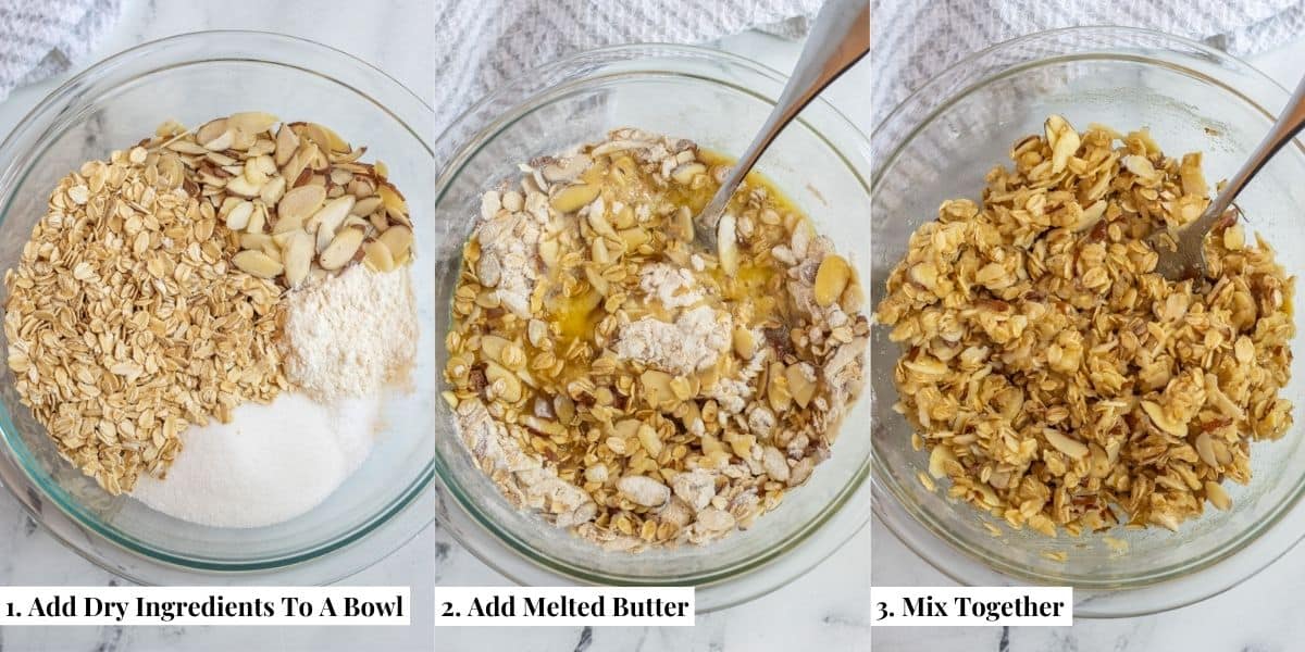 Three part grid showing mixing the topping's dry ingredients, adding the melted butter, then mixed together.