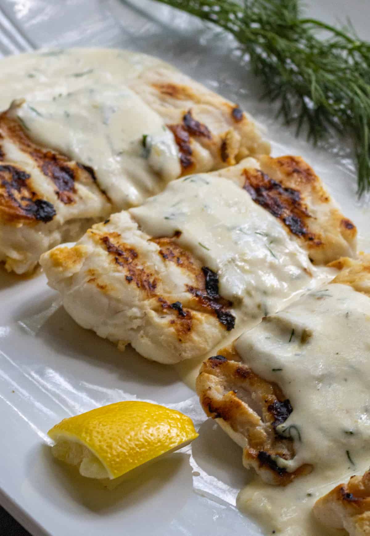 Up close shot of a haddock filet topped with lemon dill cream sauce.