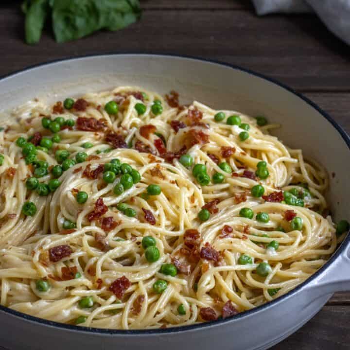 Spaghetti Alfredo with Crispy Prosciutto and Peas This Home Kitchen