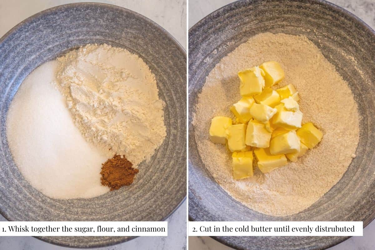 Two part image showing whisking dry ingredients for streusel and then adding cubed butter.