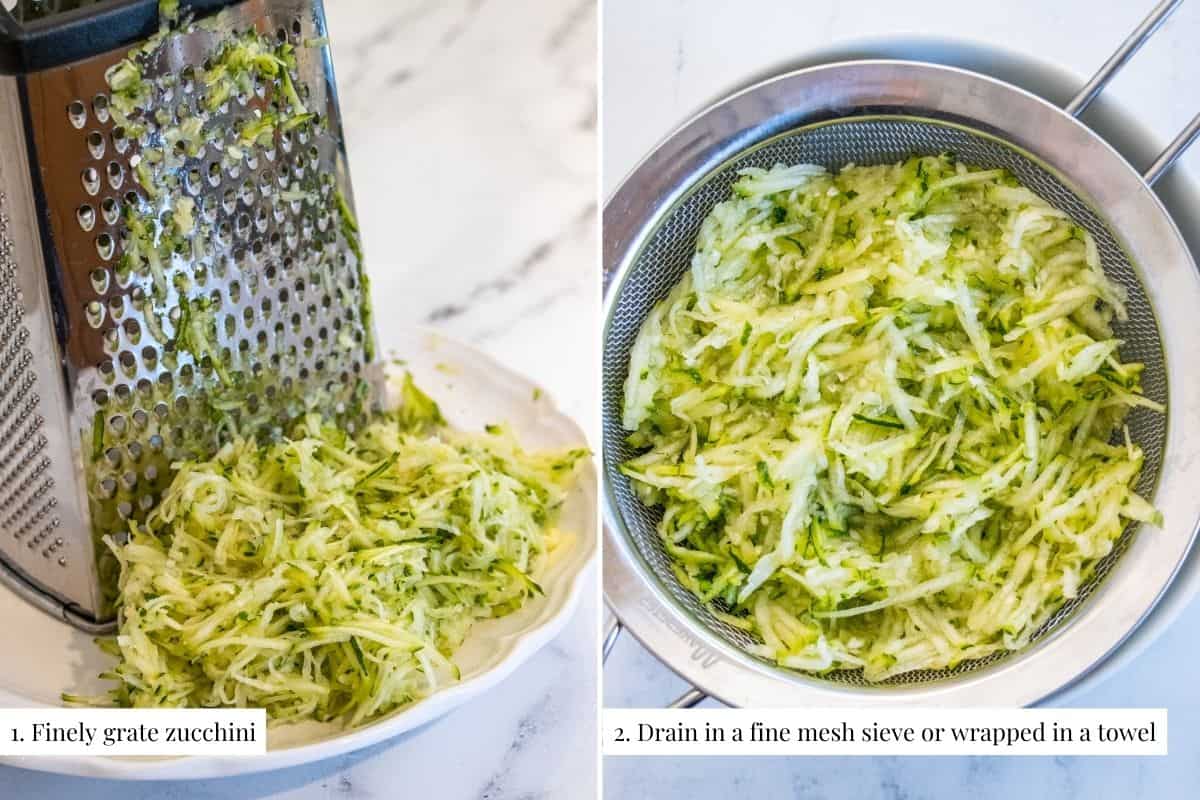Two part grid showing grated zucchini on a plate with a box grater and then in a fine mesh sieve draining.