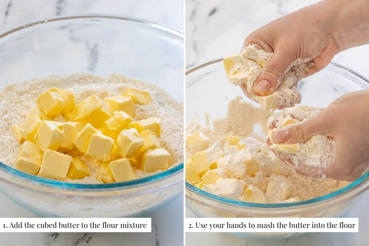 Two part image showing butter cubes in flour and then hands mashing the butter into the flour.