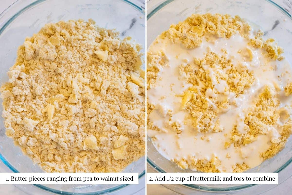Two part image showing the flour and butter mixture for pie dough and then the buttermilk added.