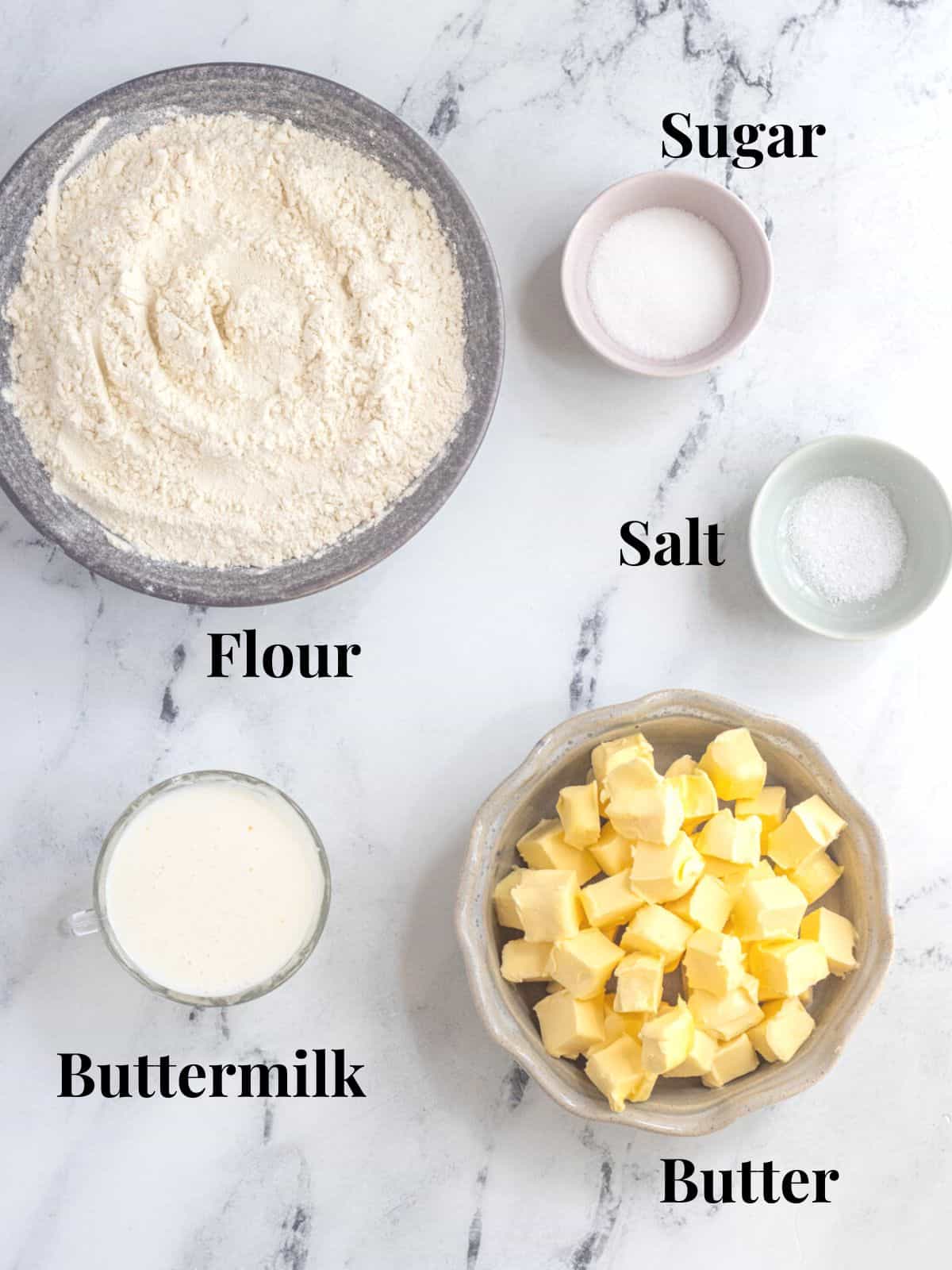 Ingredients for buttermilk pie crust with labels.