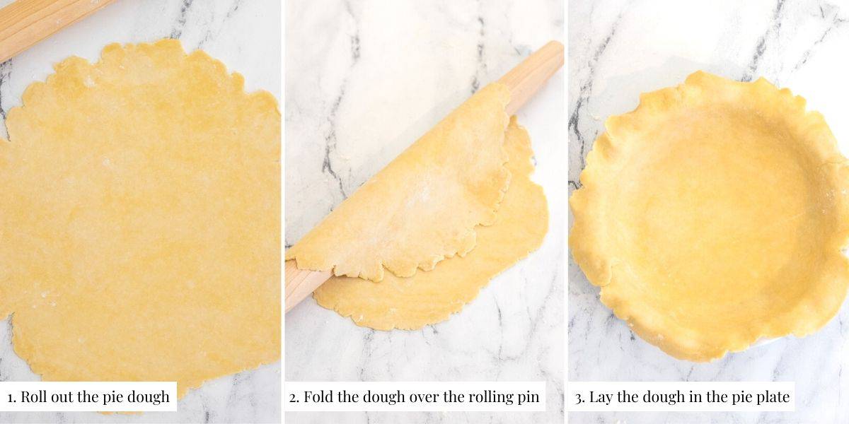 Three part grid showing the pie dough rolled out, then folded over a rolling pin, and then placed in a pie pan.