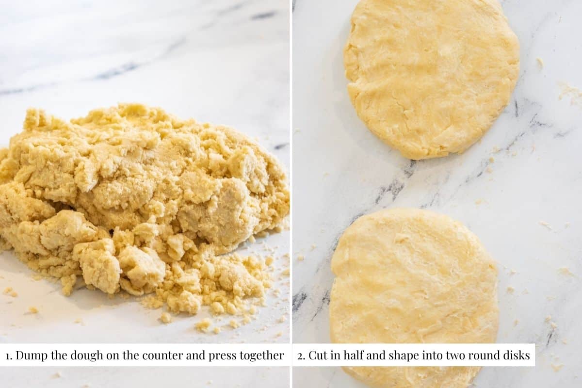 Two part image showing loose pie dough on a counter and then shaped into two disks.