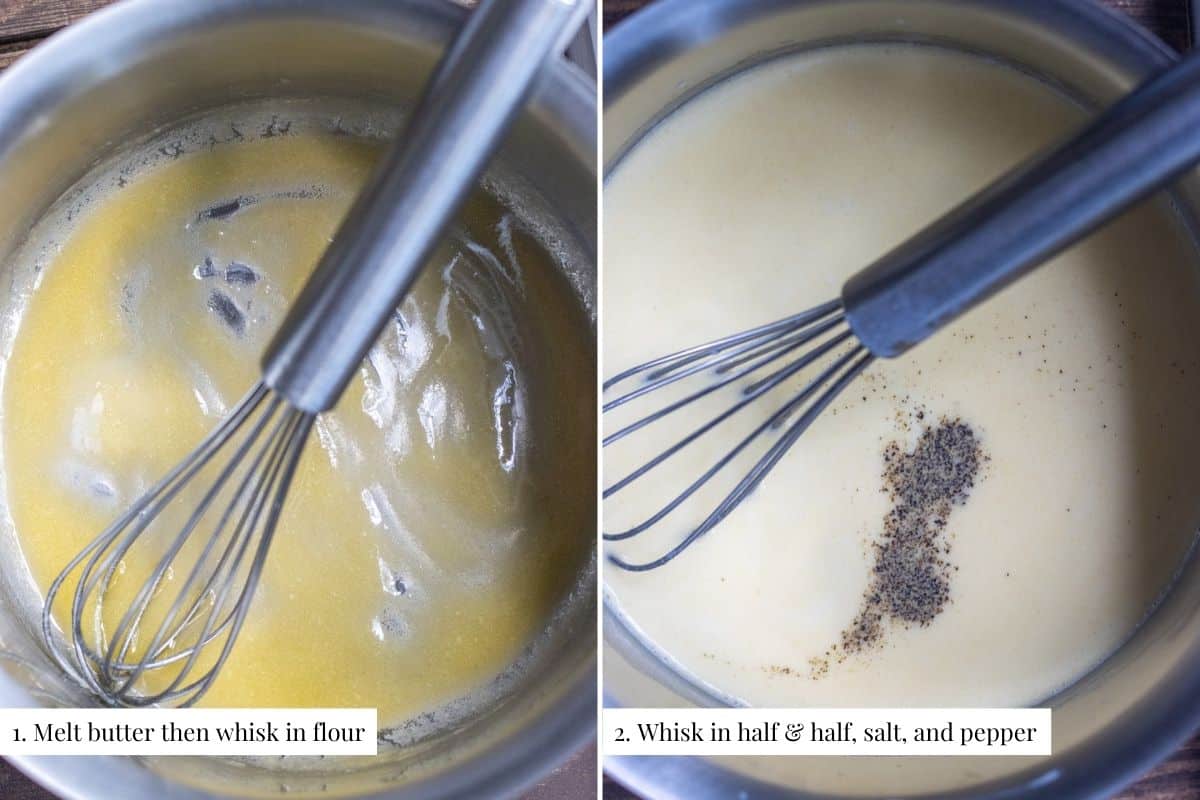 Two part image showing butter and flour making a roux and cream, salt, and pepper added to the roux.