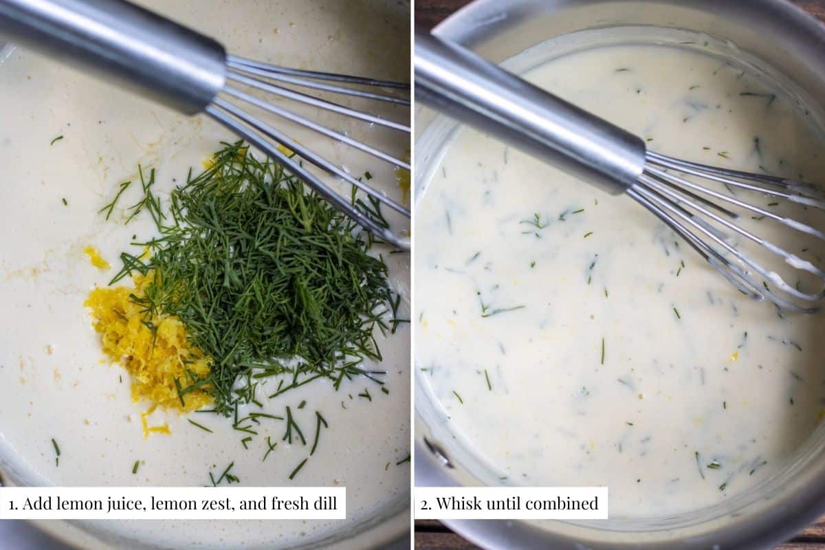 Two part image showing lemon juice, lemon zest, and dill added to cream sauce then the final sauce.