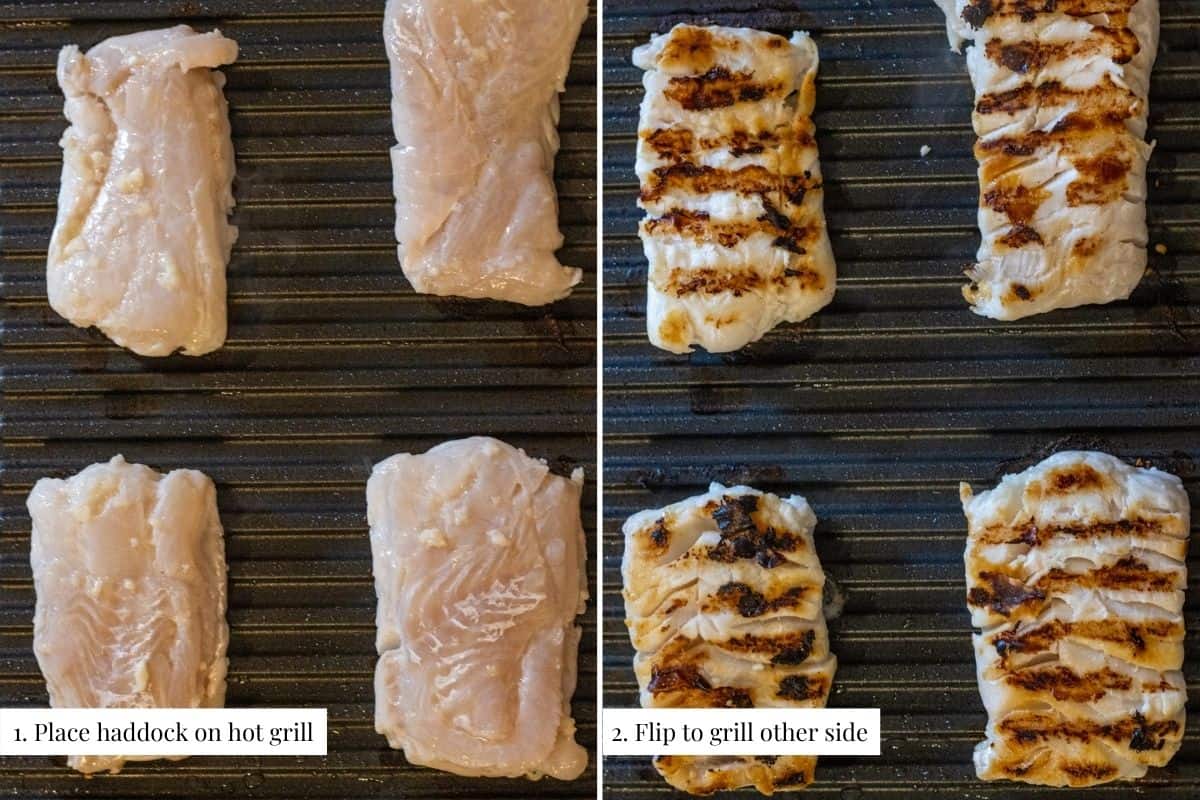 Two part image showing raw haddock fillets on a grill and then flipped over with grill marks.