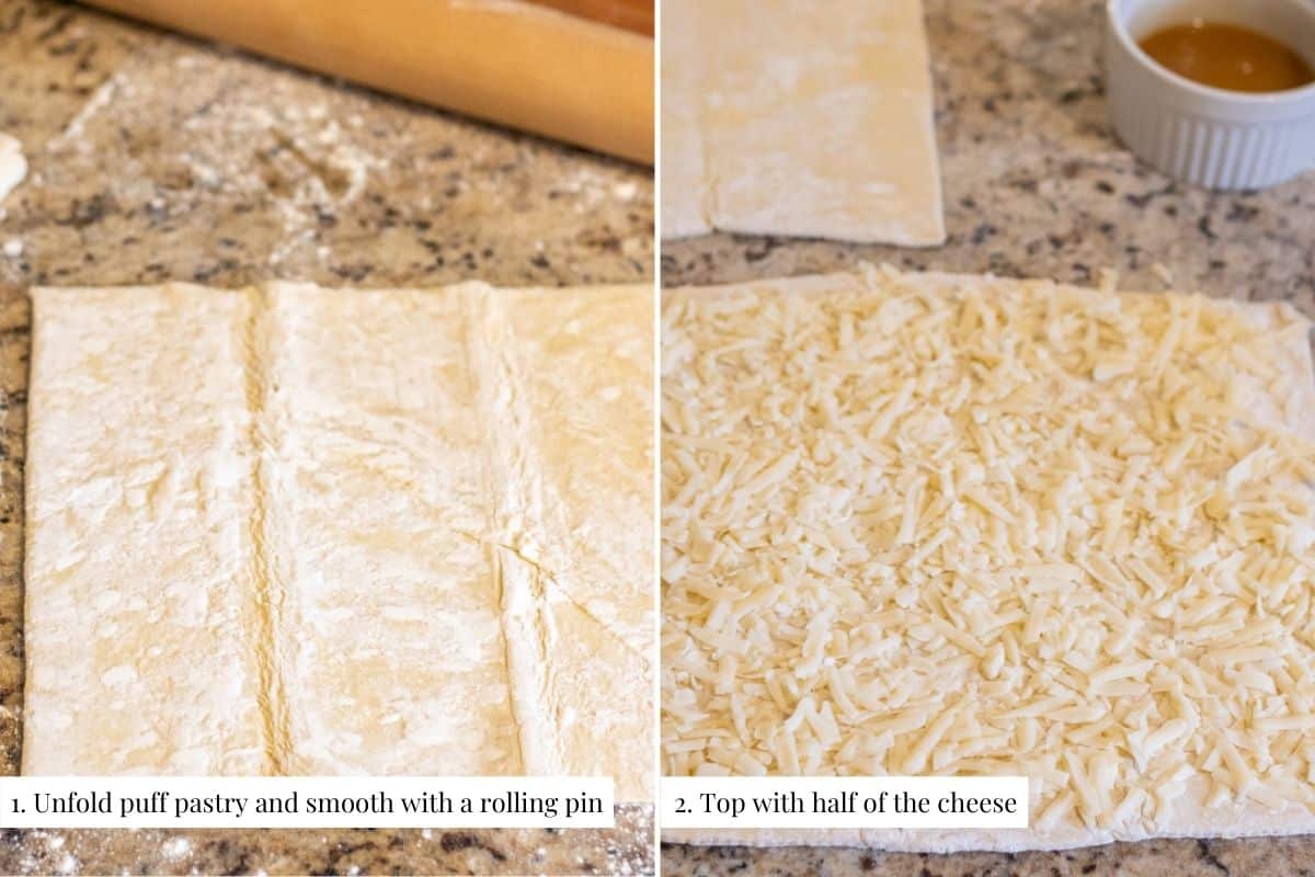 Two part image showing puff pastry rolled out and then topped with shredded cheese.