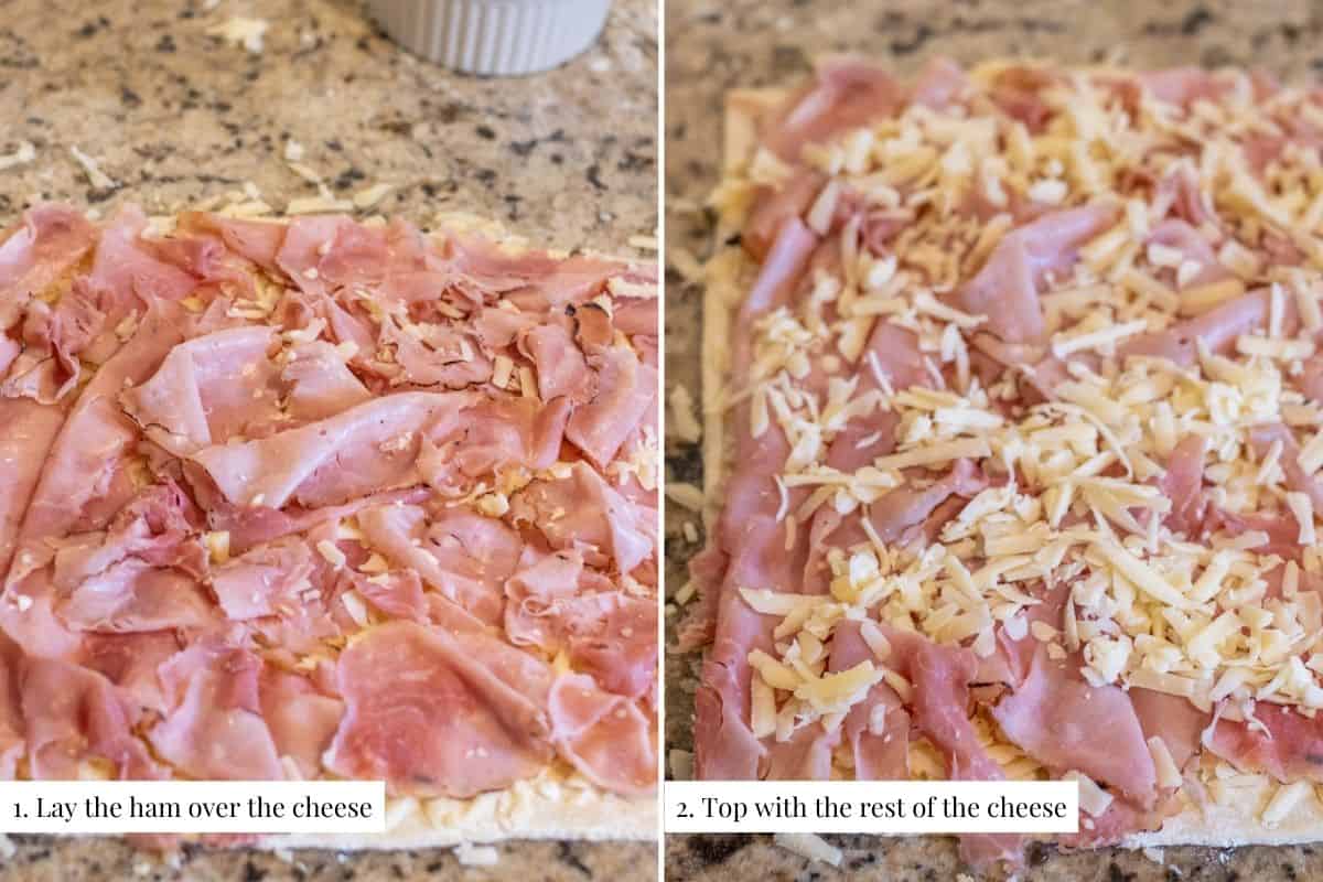 Two part image showing ham layer added to puff pastry and cheese and then topped with more shredded cheese.