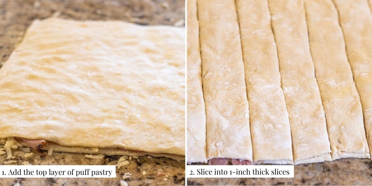 Two part image showing uncut puff pastry filled with ham and cheese and then cut into slices.