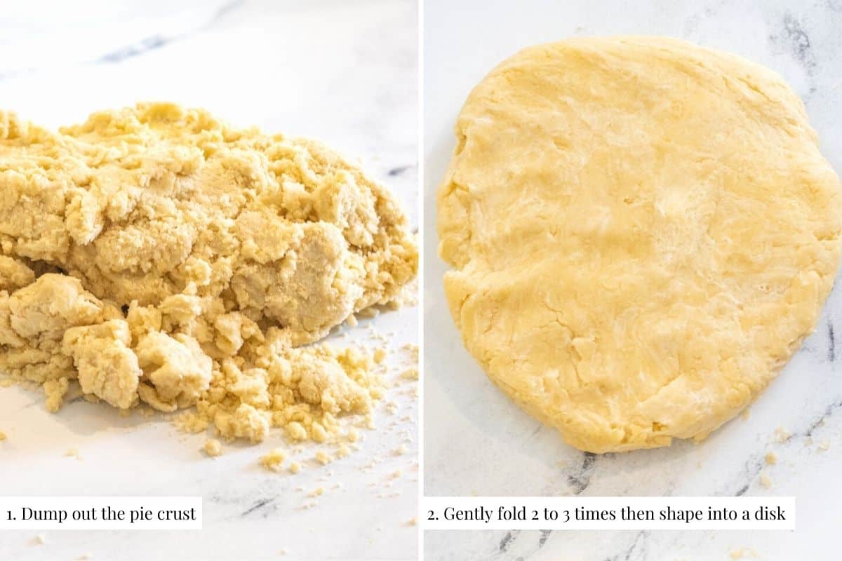 Two part image showing pie dough on a counter and then shaped into a disk.