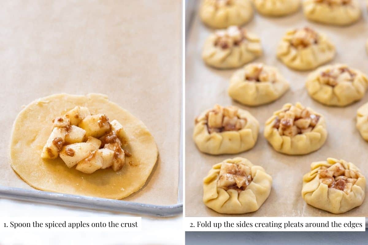 Two part image showing spiced apples in center of pie dough round and then the edges folded up and pleated.