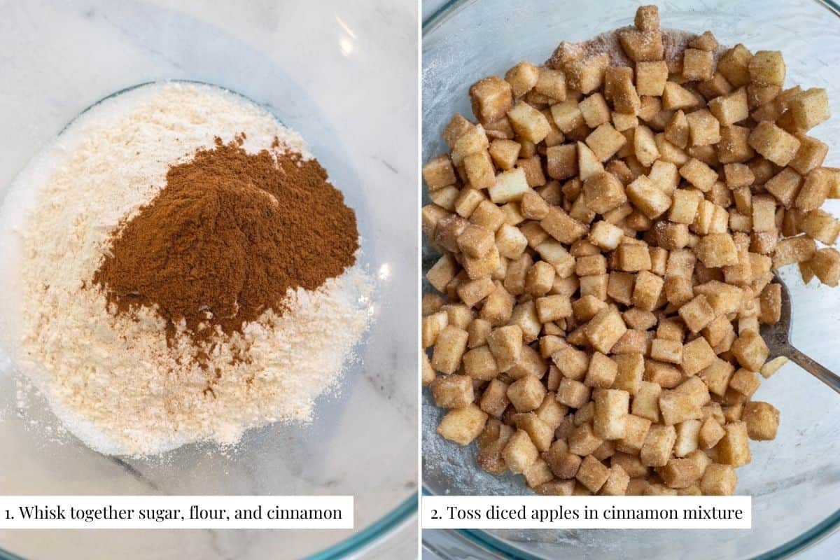 Two part image showing a bowl of sugar, flour, and cinnamon and then diced apples tossed with the cinnamon sugar.