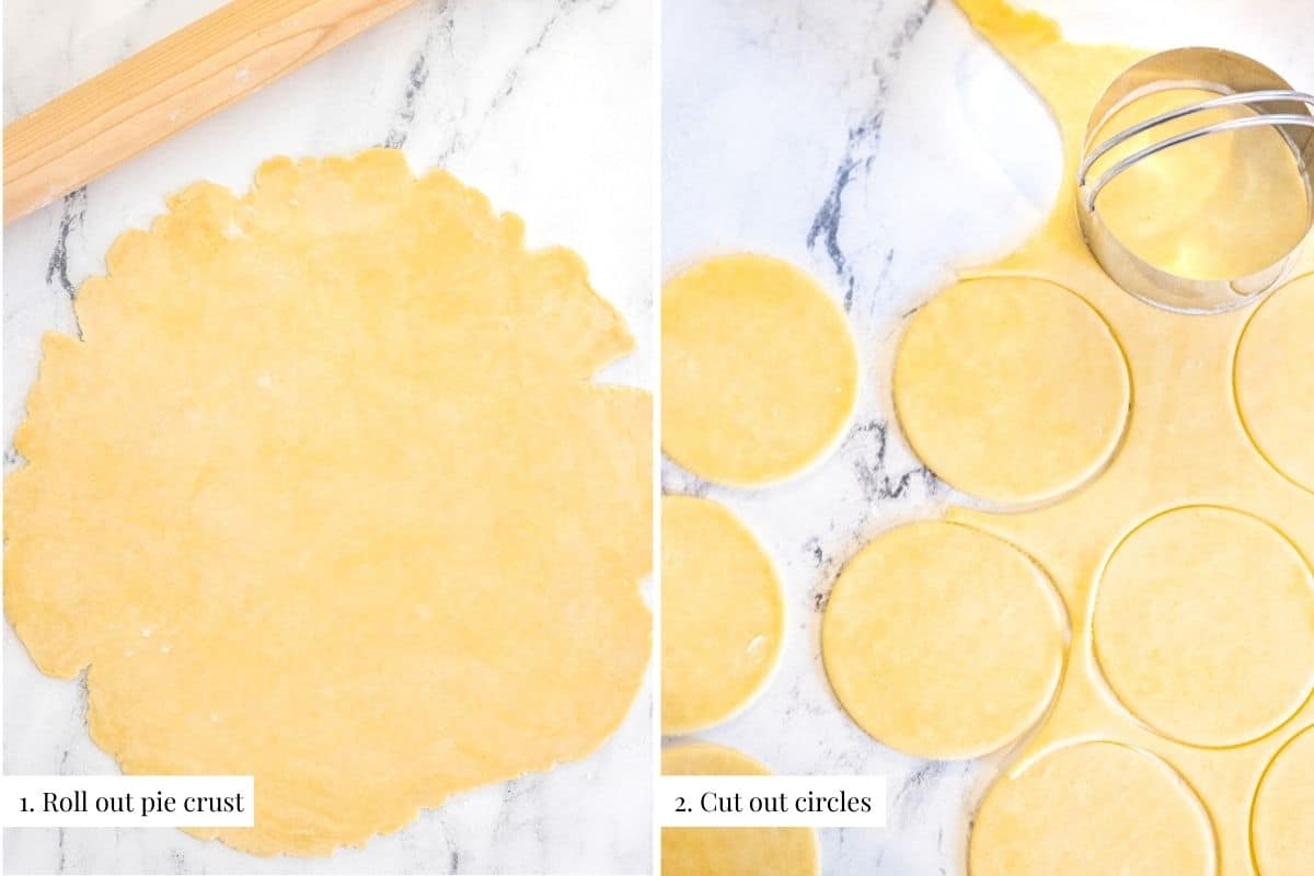 Two part image showing rolled out pie crust and then rounds cut out of it.
