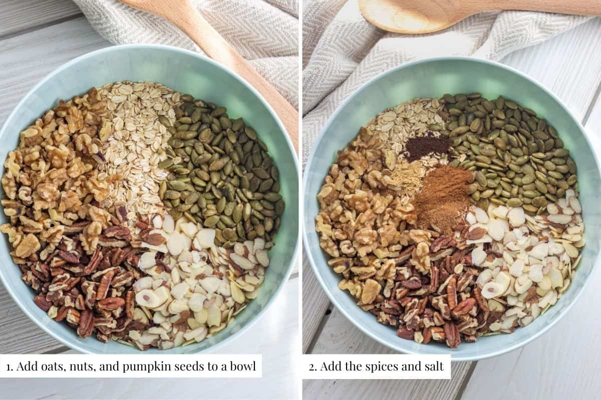 Two part image showing oats, walnuts, pecans, sliced almonds, and pumpkin seeds in a bowl then the spices added to it.