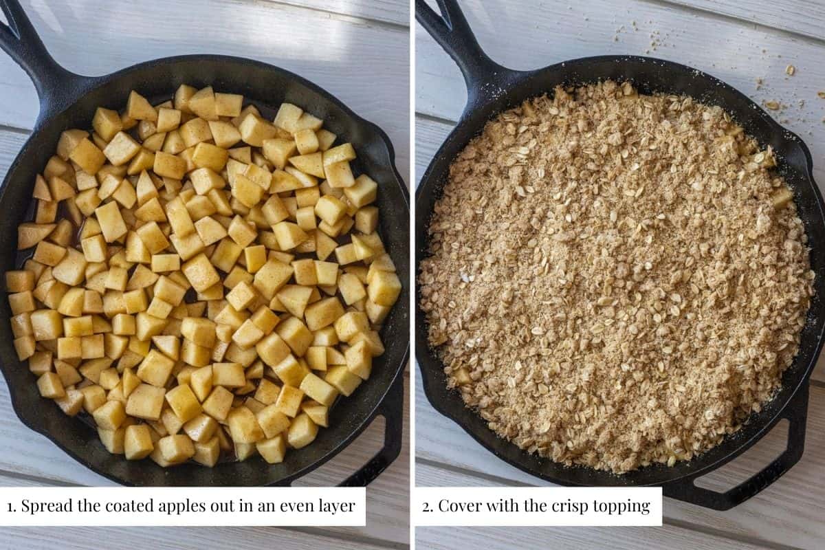 Spiced apples in a skillet then topped with the crisp topping.