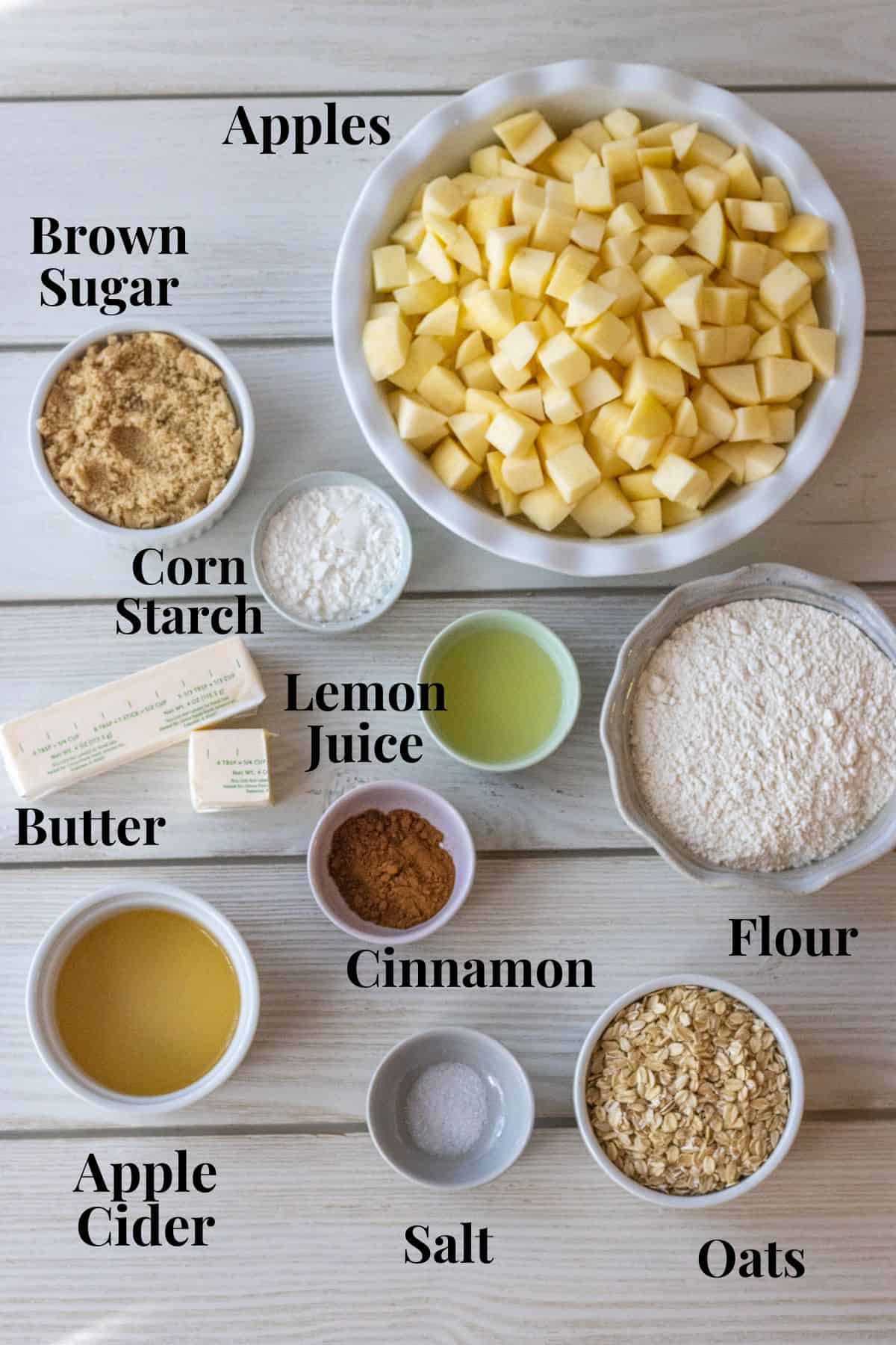 Ingredients for apple crisp labeled.