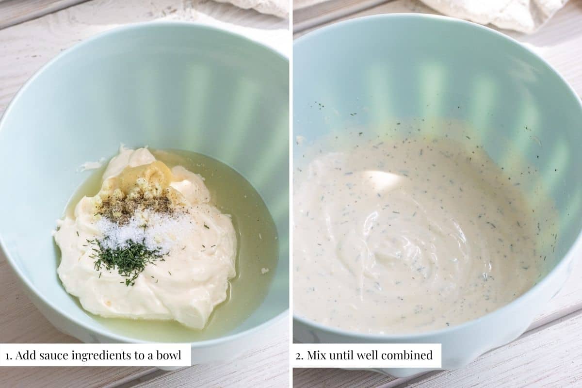 Two part image showing mayo, mustard, cider vinegar, salt, pepper, and dill in a bowl and then mixed together.
