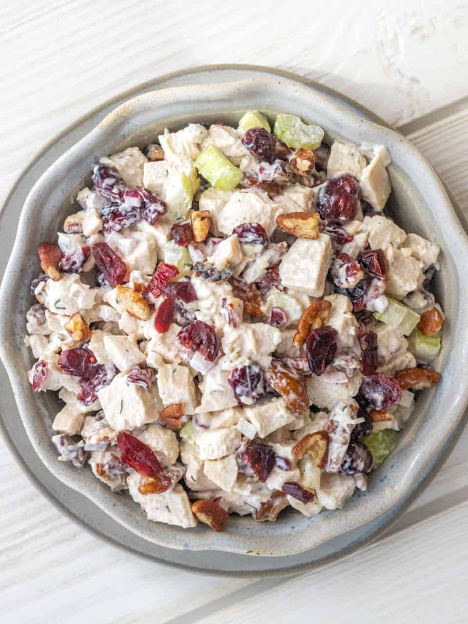 Cranberry pecan chicken salad in a bowl.